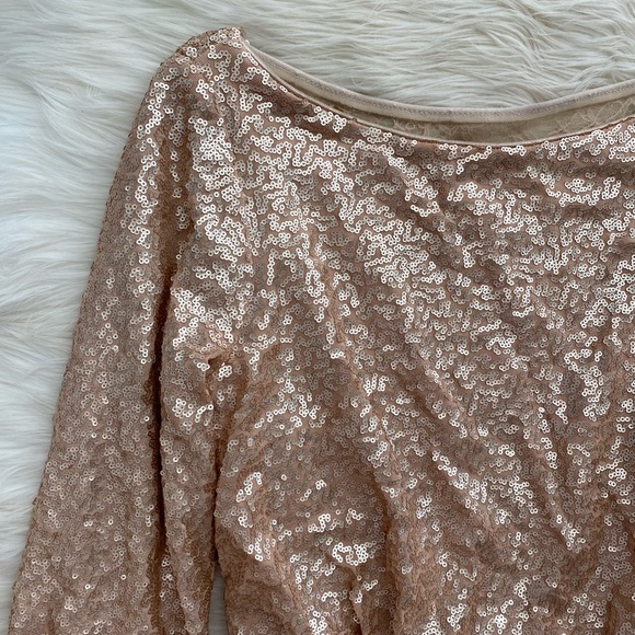 Tadashi Shoji Champagne Gold Sequin Long Sleeve Evening Dress Gown - Picture 5 of 15